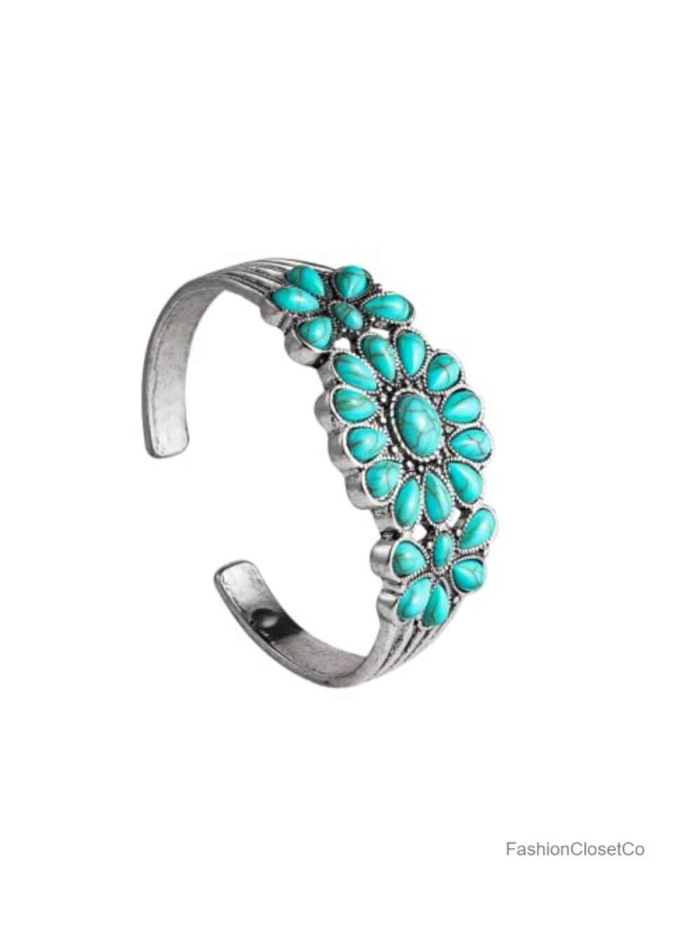 Turquoise Flower Engraved Wrap Bangle Cuff Bracelet Natural Stone Adjustable